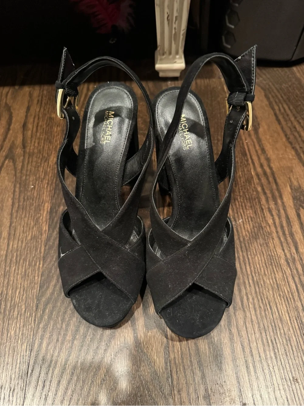 Michael Kors Black Suede Crisscross Slingback Heels with Gold Buckles